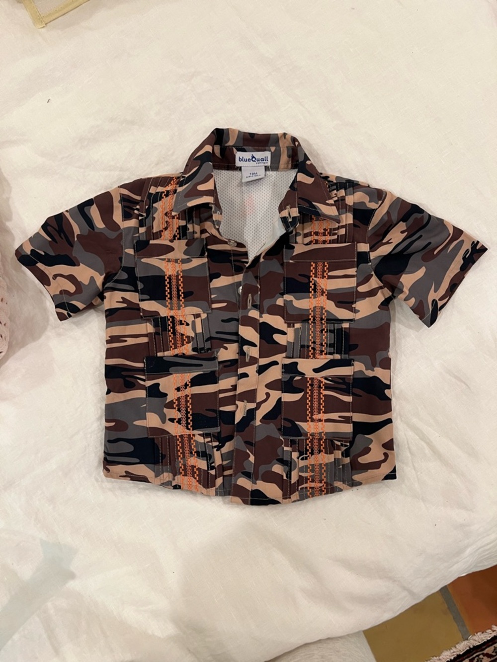 Blue Quail Brown & Black Camo Short-Sleeve Button-Down Shirt w Orange Stitching